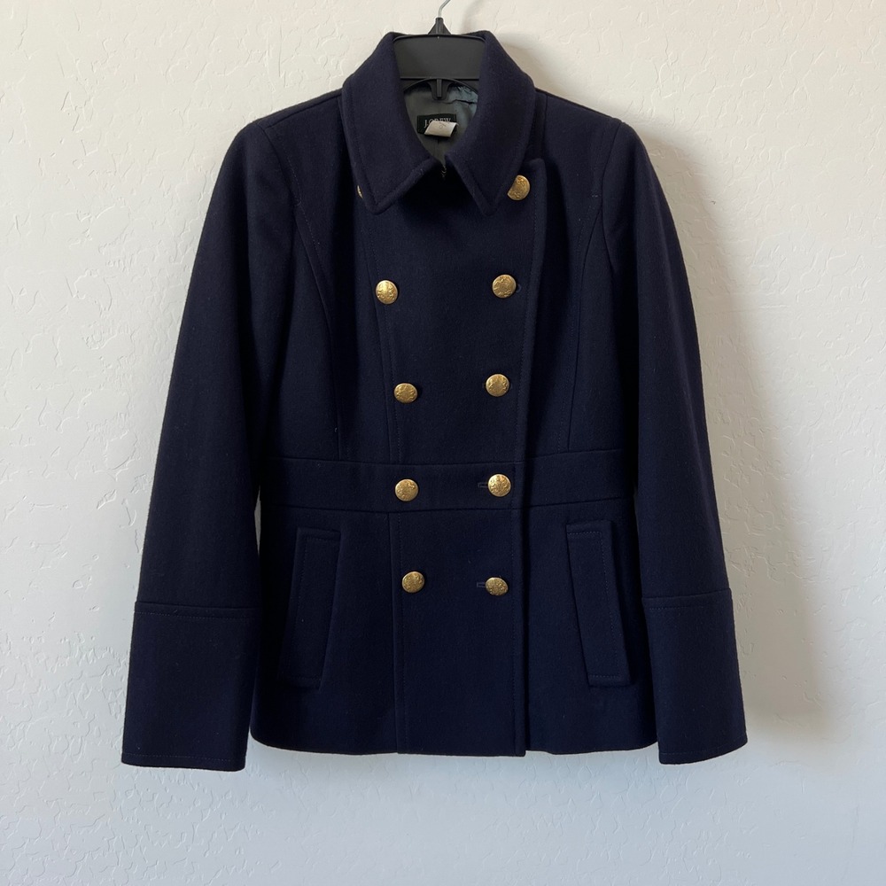 J.Crew Pea Coat Women 0 Navy Blue Wool Blend Double Breasted Gold Crest Buttons